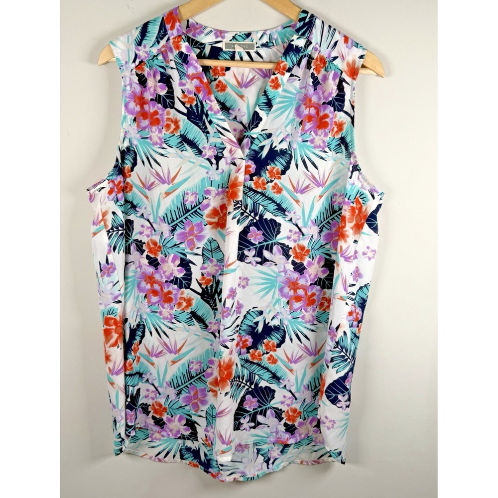 Pleione V Neck Sleeveless Blouse Tunic Top Bohemian Floral Womens XL